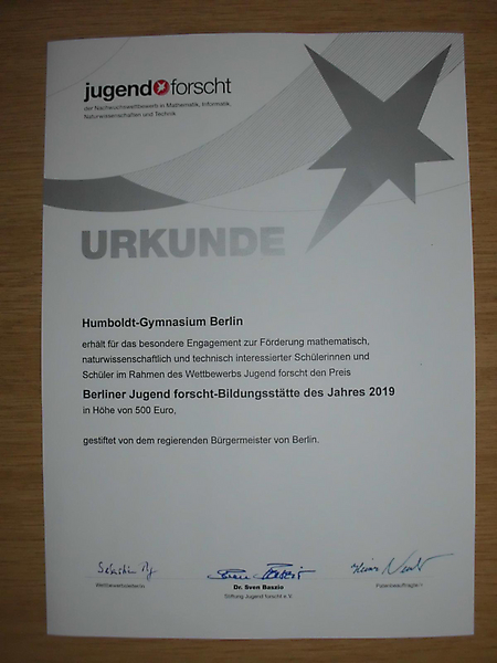Humboldt-Gymnasium; Berliner Jugend forscht-Bildungsstätte des Jahres 2019